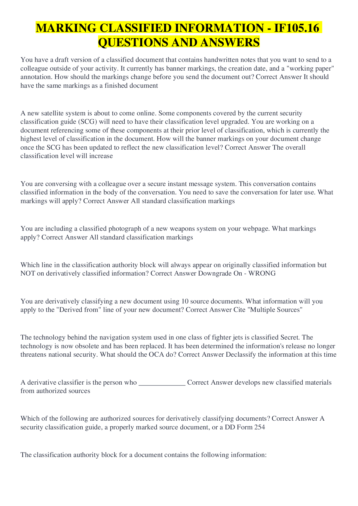 Preview image for MARKING CLASSIFIED INFORMATION - IF105.16 QUESTIONS AND ANSWERS